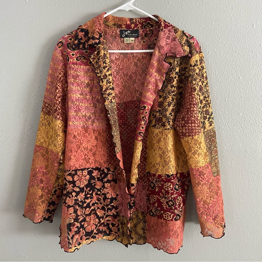 Vintage Jes Irie Wear Floral Lace Open Front Jacket Size M Art to Wear Boho